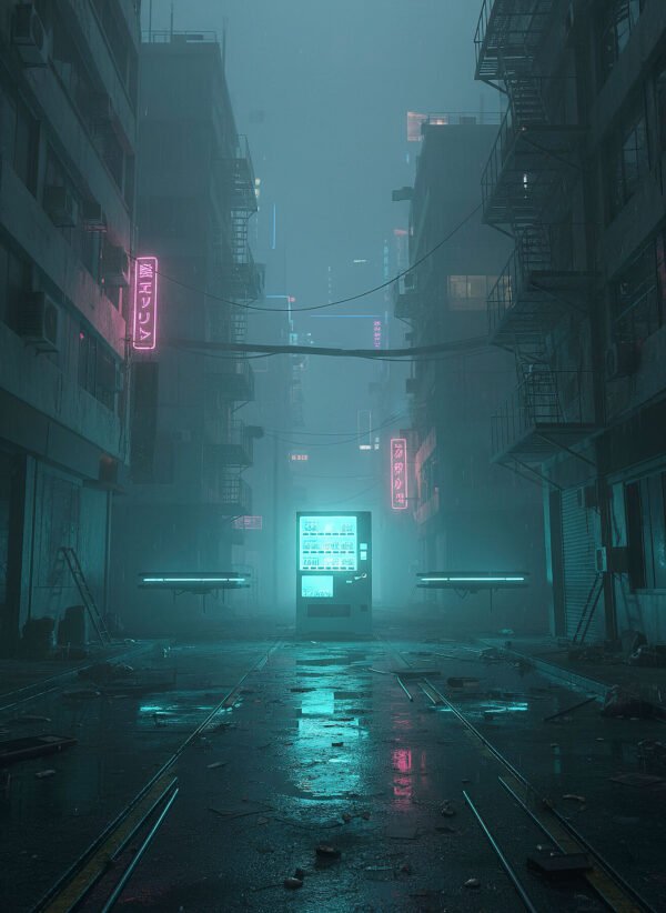 Refugio en la Ciudad Fantasma | RetroArtHub Distrito futurista abandonado con neón residual. Arte misterioso y atmosférico.