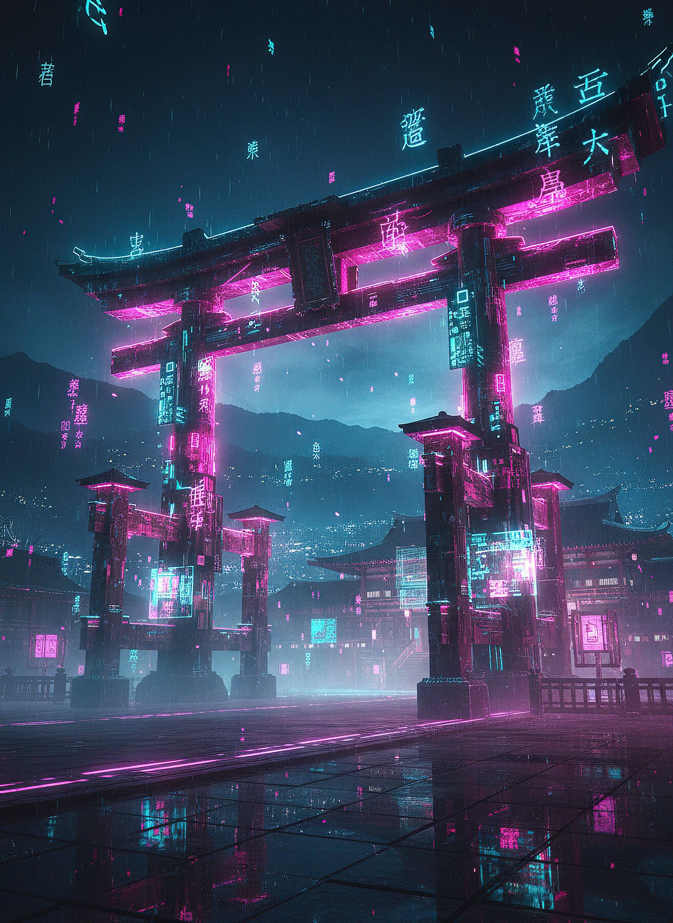 Torii del Horizonte Eléctrico | RetroArtHub Torii japonés futurista con neón magenta y cian. Arte espiritual y tecnológico. Impresión perfecta para decoración sci-fi.