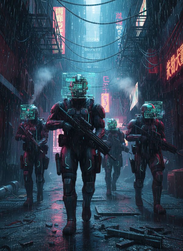 Patrulla del Distrito 13 | RetroArtHub Agentes futuristas patrullando distrito neón. Arte distópico y cinematográfico.