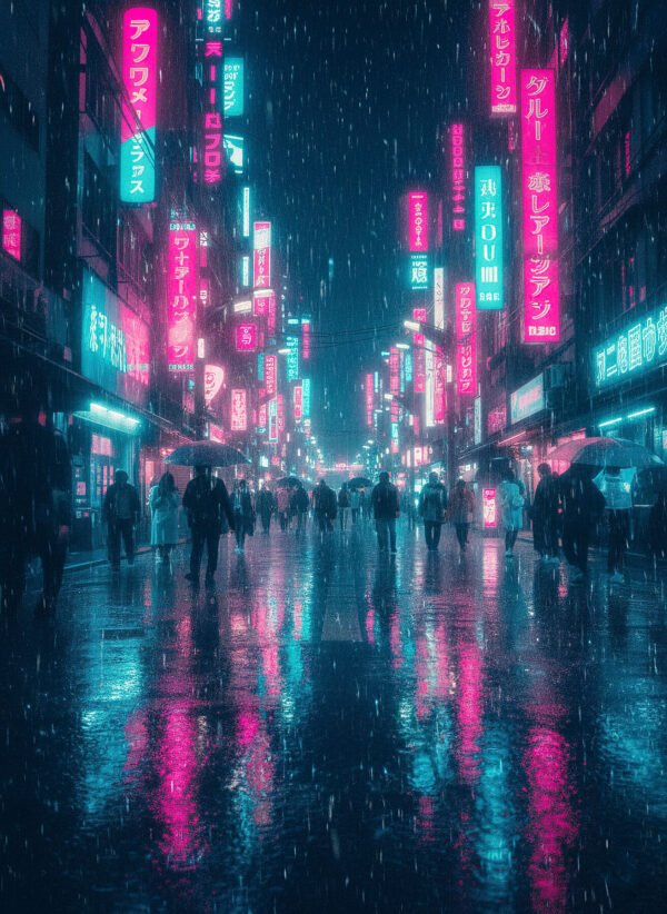 Almas de la Avenida Holográfica | RetroArtHub Avenida futurista con hologramas y neón. Arte dinámico y colorido.