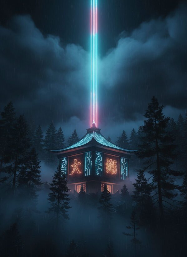 El Faro del Monte Cibernético | RetroArtHub Templo futurista con haz de luz en montaña. Arte espiritual y sci-fi.